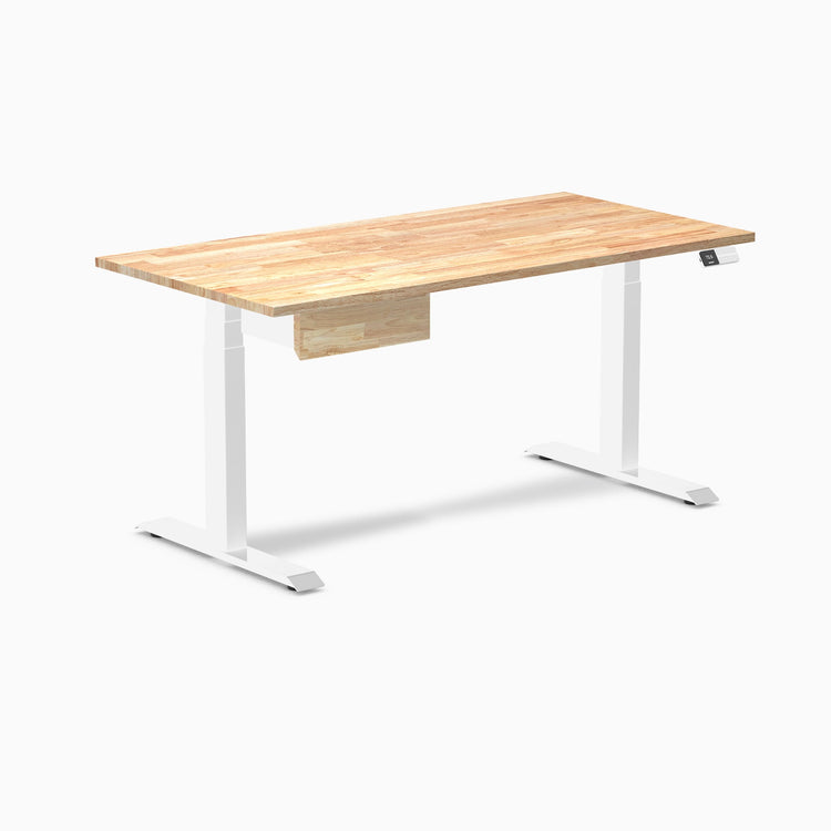 Desky Dual Rubberwood Standing Desk With Drawer, Natural Timber desktop, White frame