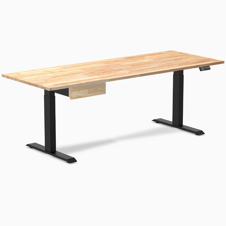 Desky Dual Rubberwood Standing Desk With Drawer, Natural Timber desktop, Matte Black frame
