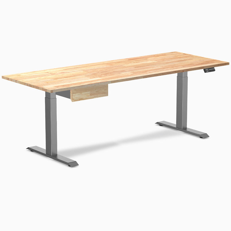 Desky Dual Rubberwood Standing Desk With Drawer, Natural Timber desktop, Space Grey frame