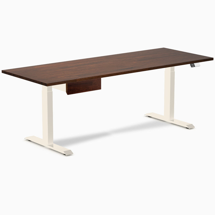 Desky Dual Rubberwood Standing Desk With Drawer, Red Walnut desktop, Wheat frame