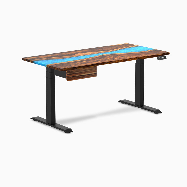 Desky Dual Resin Hardwood Standing Desk With Drawer, Pheasantwood Blue River desktop, Matte Black frame