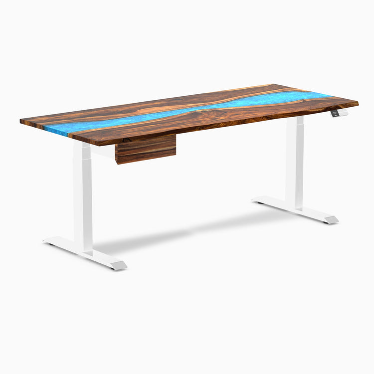 Desky Dual Resin Hardwood Standing Desk With Drawer, Pheasantwood Blue River desktop, White frame