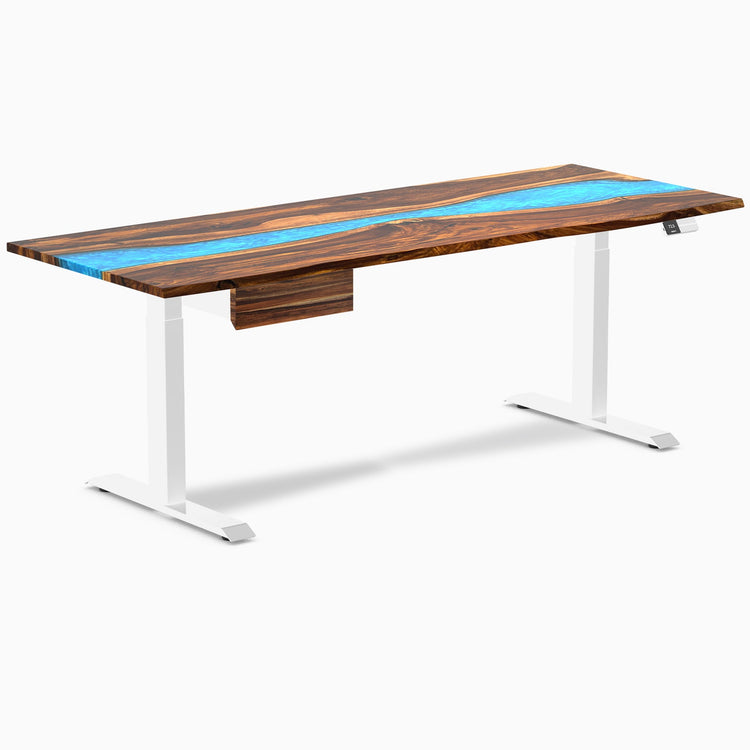 Desky Dual Resin Hardwood Standing Desk With Drawer, Pheasantwood Blue River desktop, White frame