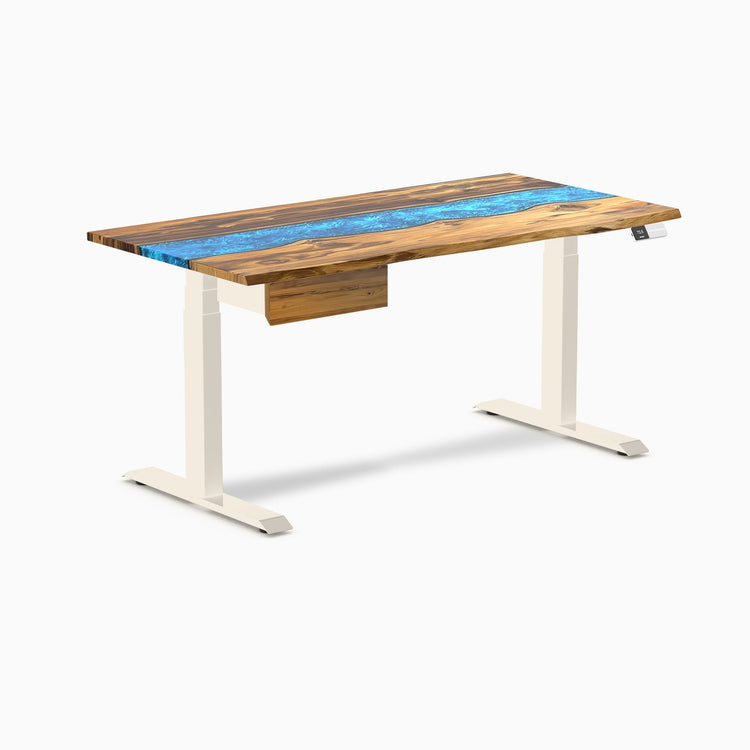Desky Dual Resin Hardwood Standing Desk With Drawer, Teak Blue River desktop, Wheat frame