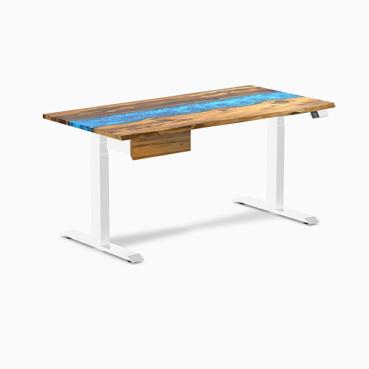 Desky Dual Resin Hardwood Standing Desk With Drawer, Teak Blue River desktop, White frame