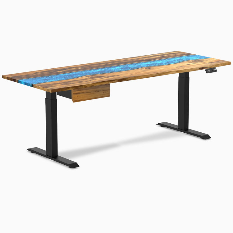 Desky Dual Resin Hardwood Standing Desk With Drawer, Teak Blue River desktop, Matte Black frame