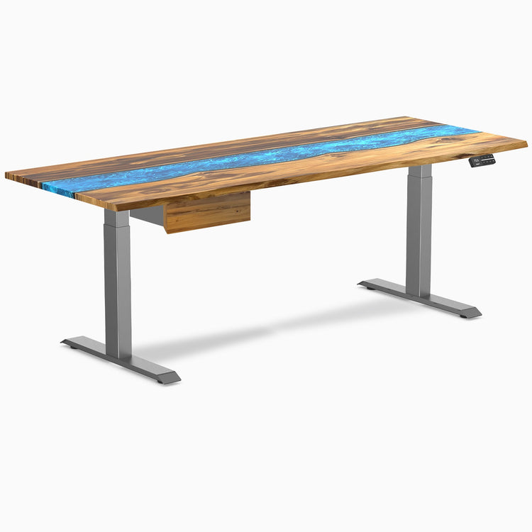 Desky Dual Resin Hardwood Standing Desk With Drawer, Teak Blue River desktop, Space Grey frame