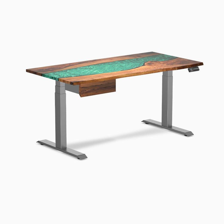 Desky Dual Resin Hardwood Standing Desk With Drawer, Natural Walnut Emerald River desktop, Space Grey frame