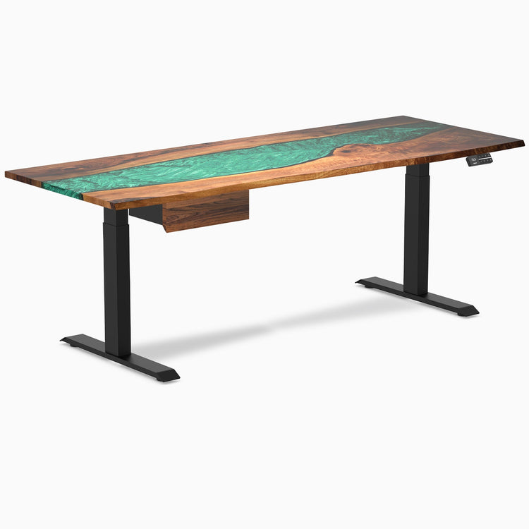 Desky Dual Resin Hardwood Standing Desk With Drawer, Natural Walnut Emerald River desktop, Matte Black frame