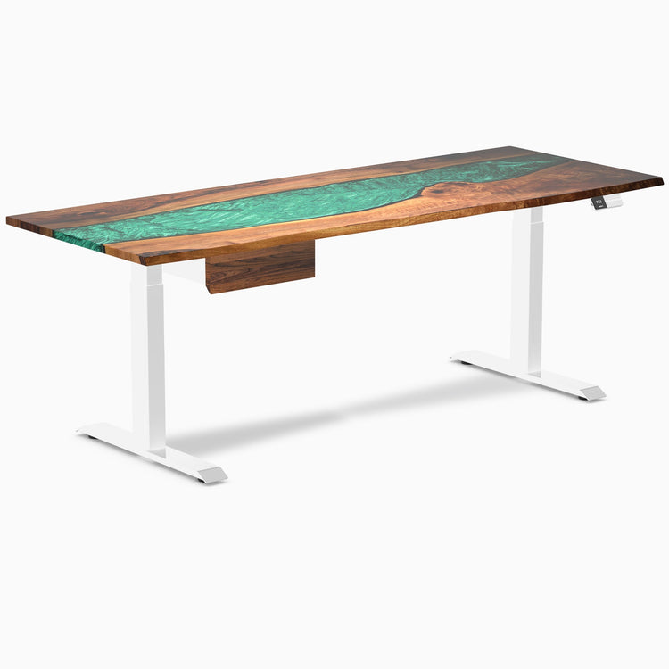 Desky Dual Resin Hardwood Standing Desk With Drawer, Natural Walnut Emerald River desktop, White frame