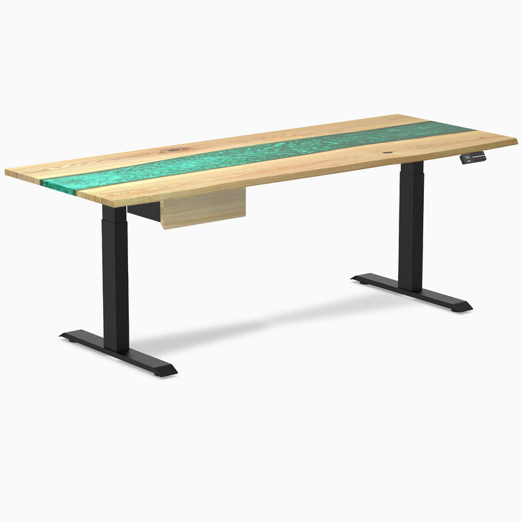 Desky Dual Resin Hardwood Standing Desk With Drawer, White Ash Emerald River desktop, Matte Black frame