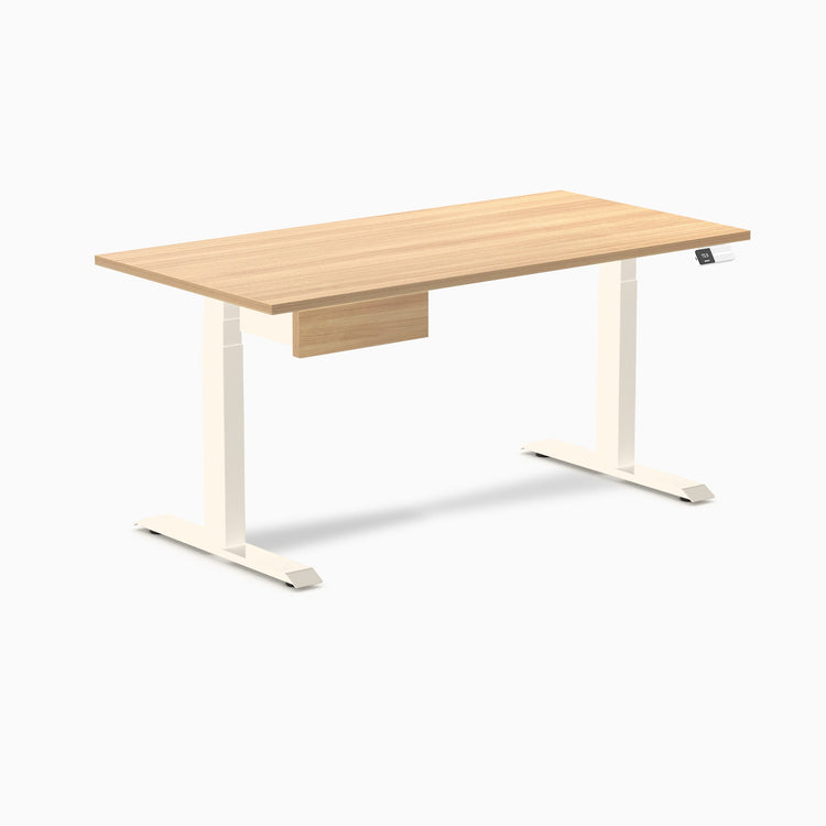 Desky Dual Melamine Standing Desk With Drawer, Sublime Teak desktop, Wheat frame