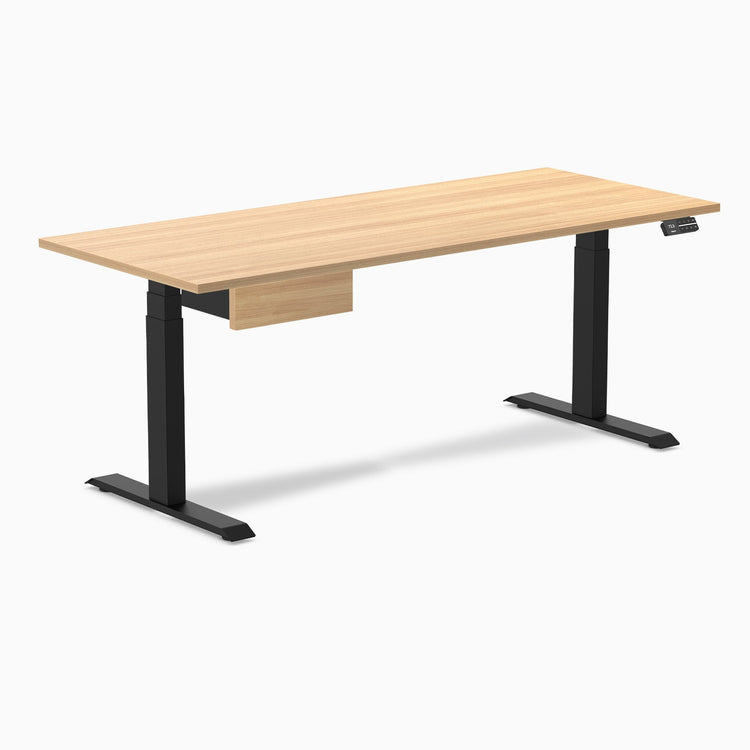 Desky Dual Melamine Standing Desk With Drawer, Sublime Teak desktop, Matte Black frame