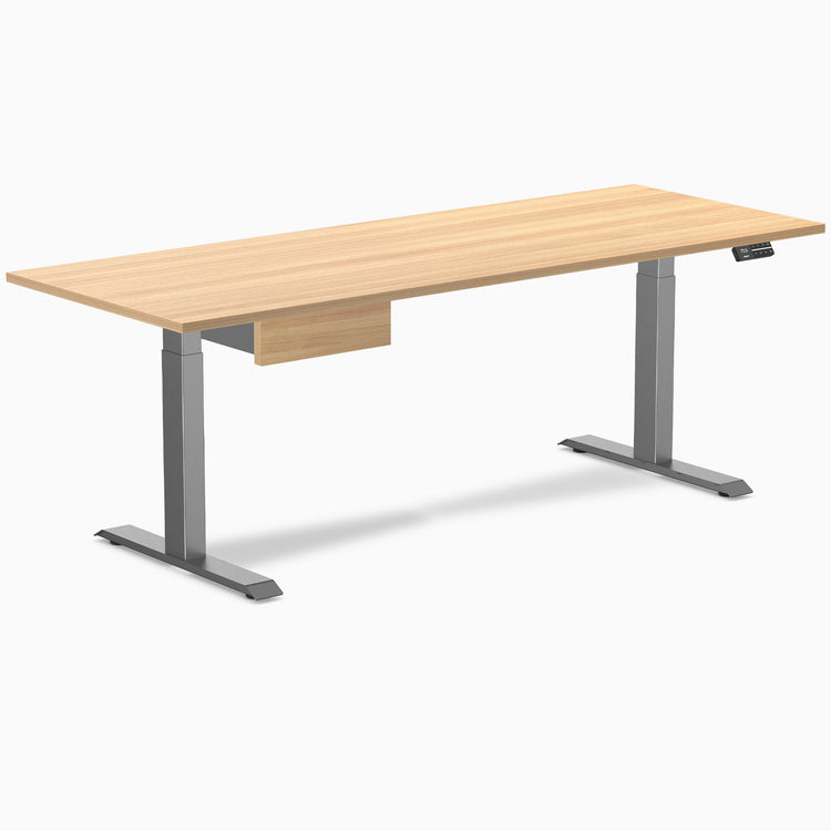 Desky Dual Melamine Standing Desk With Drawer, Sublime Teak desktop, Space Grey frame