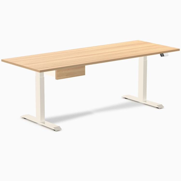 Desky Dual Melamine Standing Desk With Drawer, Sublime Teak desktop, Wheat frame