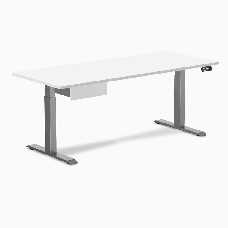 Desky Dual Melamine Standing Desk With Drawer, White desktop, Space Grey frame
