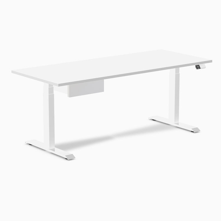 Desky Dual Melamine Standing Desk With Drawer, White desktop, White frame