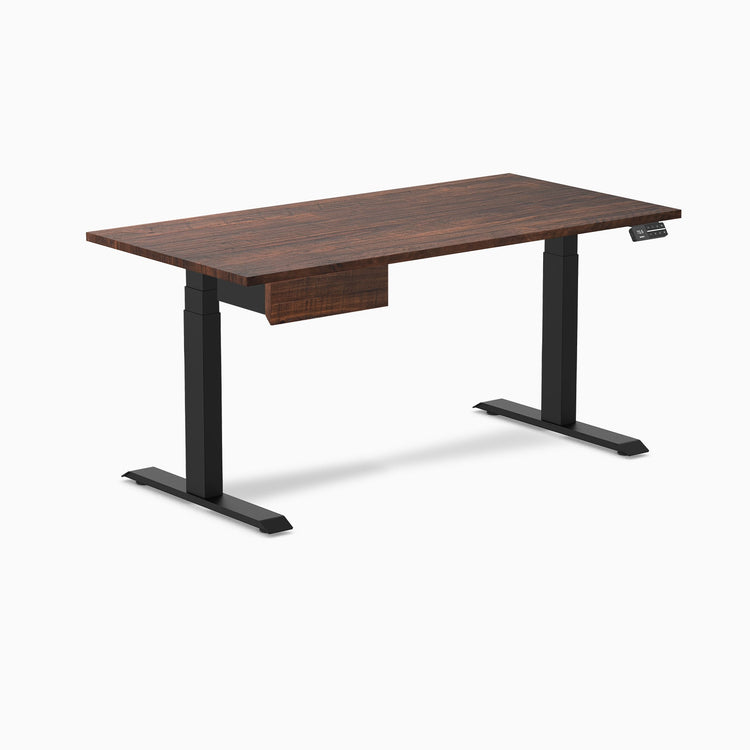 Desky Dual Softwood Standing Desk With Drawer, American Rustic Pine desktop, Matte Black frame
