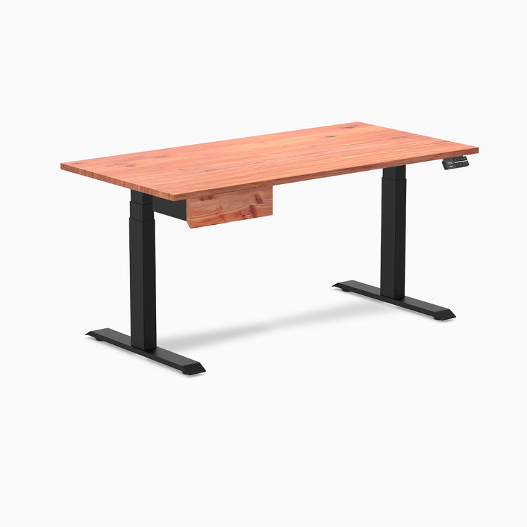 Desky Dual Softwood Standing Desk With Drawer, Red Cedar desktop, Matte Black frame
