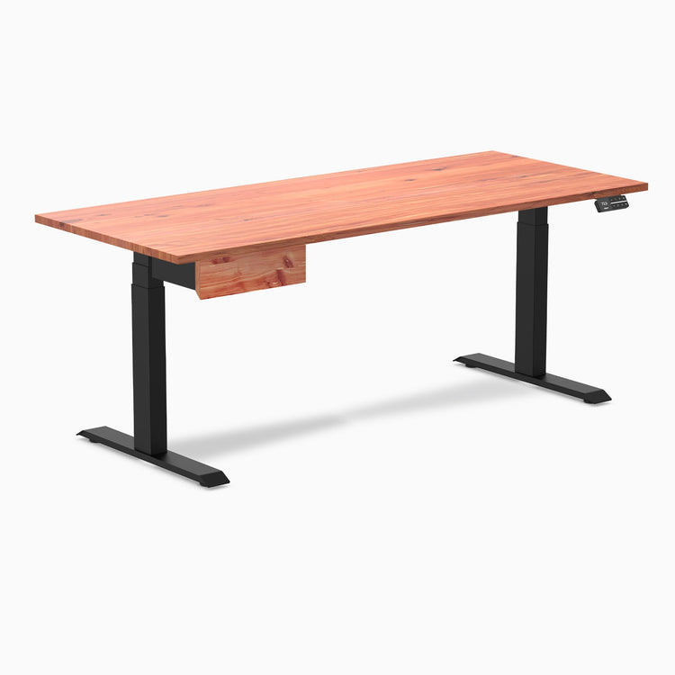 Desky Dual Softwood Standing Desk With Drawer, Red Cedar desktop, Matte Black frame