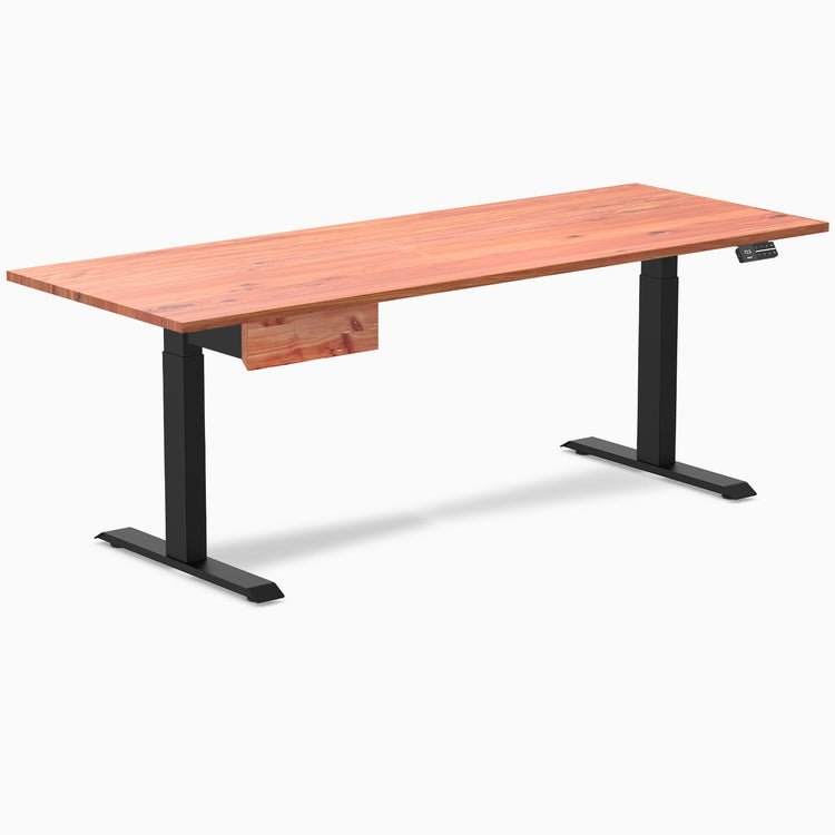 Desky Dual Softwood Standing Desk With Drawer, Red Cedar desktop, Matte Black frame