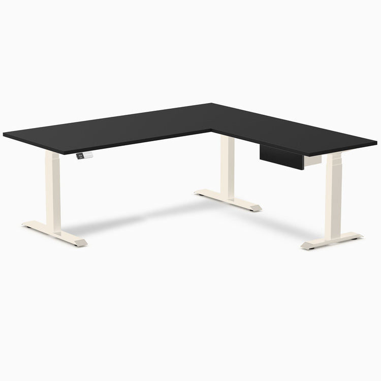 Desky Eco L-Shape Melamine Standing Desk With Drawer, Black desktop, Wheat frame