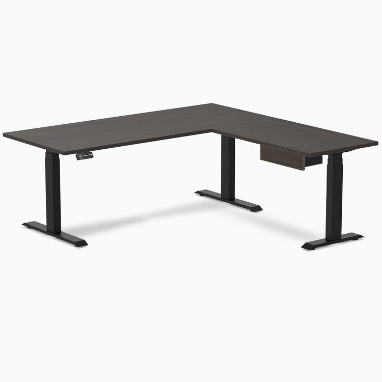 Desky Eco L-Shape Melamine Standing Desk With Drawer, Burnished Wood desktop, Matte Black frame
