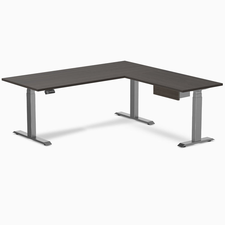 Desky Eco L-Shape Melamine Standing Desk With Drawer, Burnished Wood desktop, Space Grey frame
