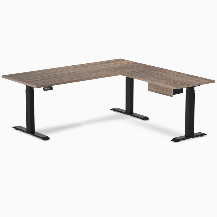 Desky Eco L-Shape Melamine Standing Desk With Drawer, Natural Walnut desktop, Matte Black frame