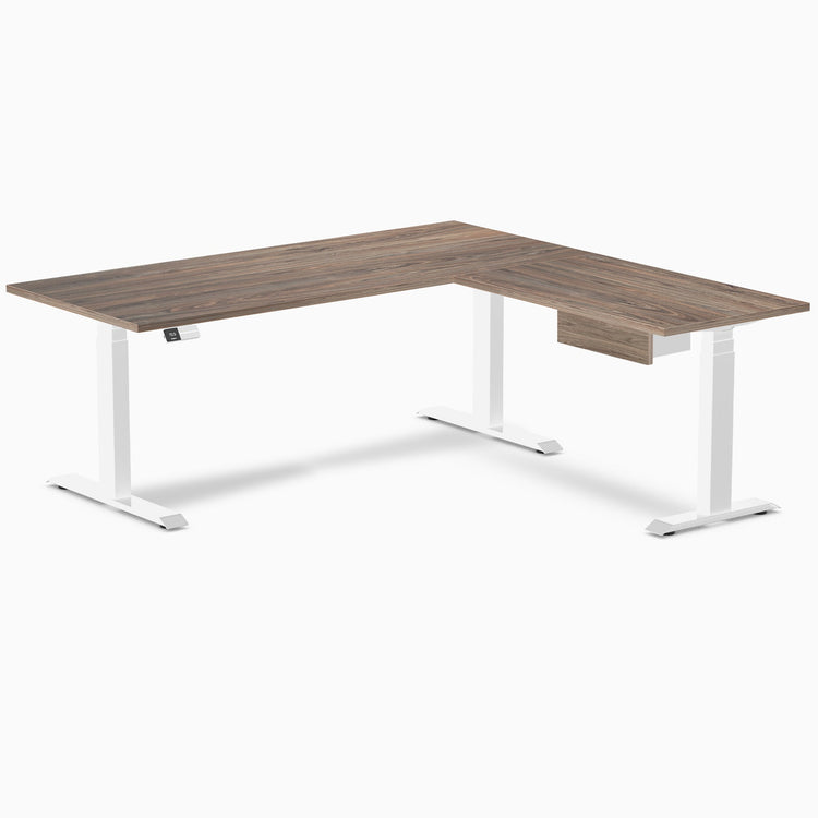 Desky Eco L-Shape Melamine Standing Desk With Drawer, Natural Walnut desktop, White frame