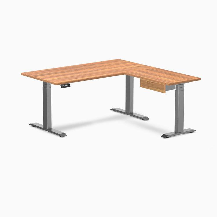 Desky Eco L-Shape Melamine Standing Desk With Drawer, Prime Oak desktop, Space Grey frame