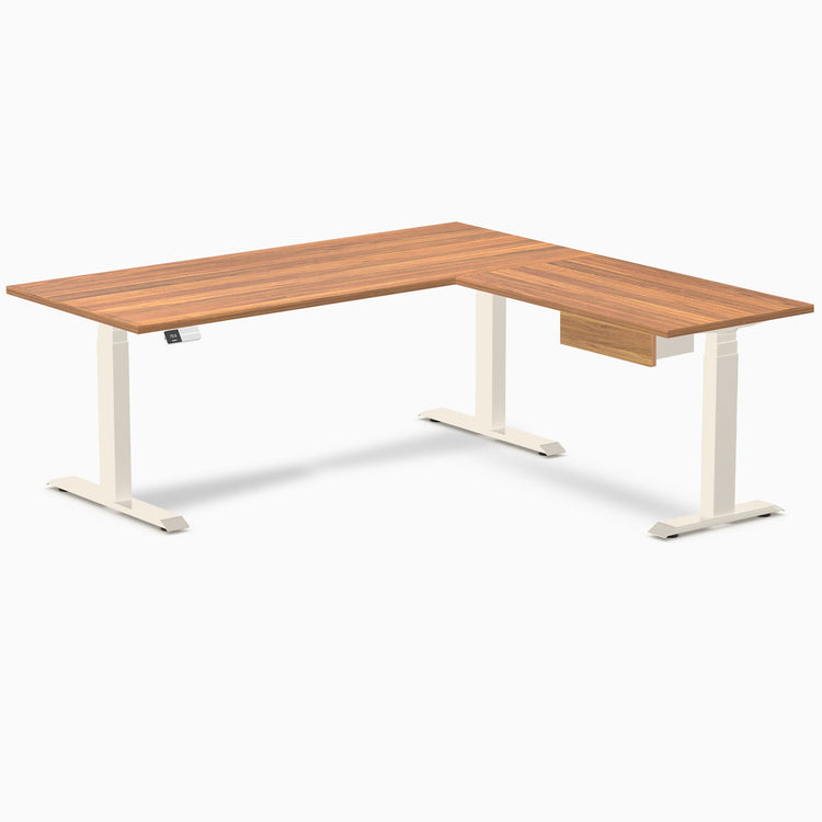 Desky Eco L-Shape Melamine Standing Desk With Drawer, Prime Oak desktop, Wheat frame