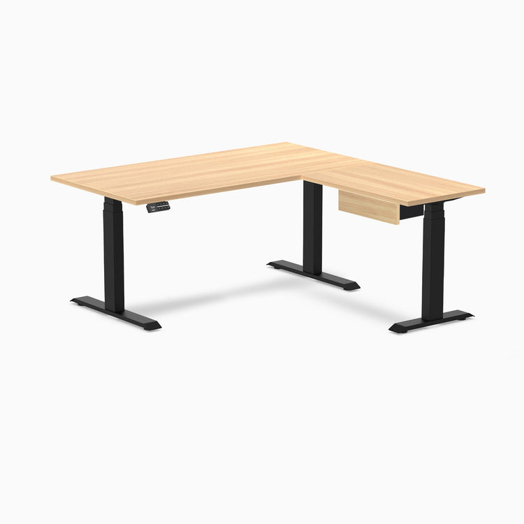 Desky Eco L-Shape Melamine Standing Desk With Drawer, Sublime Teak desktop, Matte Black frame