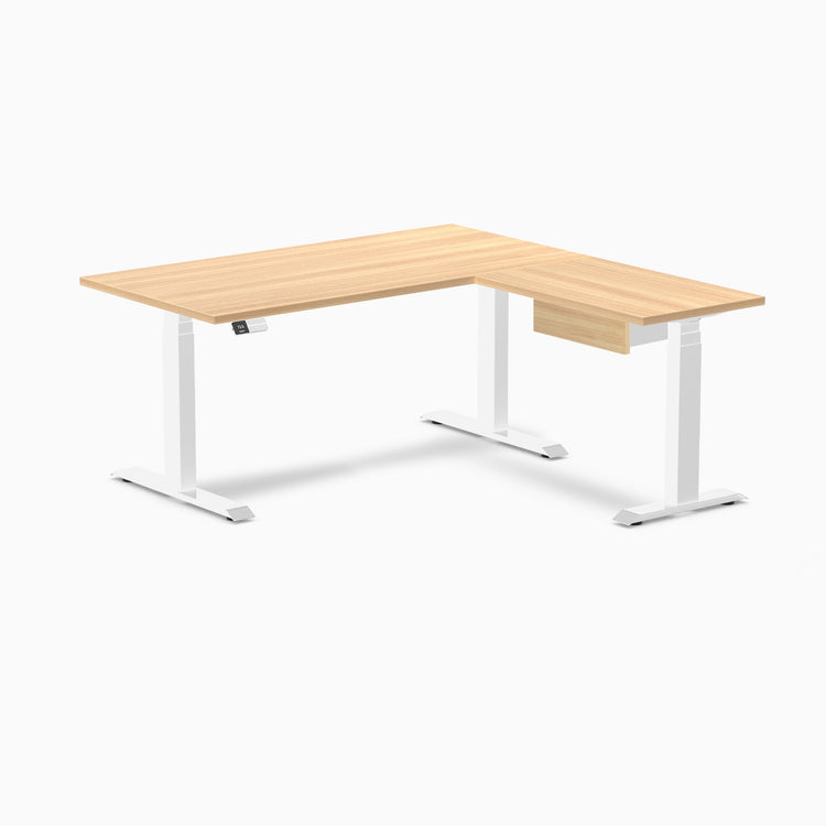 Desky Eco L-Shape Melamine Standing Desk With Drawer, Sublime Teak desktop, White frame