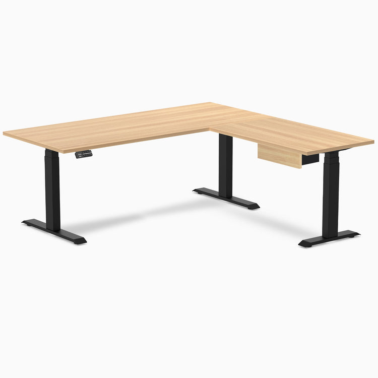 Desky Eco L-Shape Melamine Standing Desk With Drawer, Sublime Teak desktop, Matte Black frame