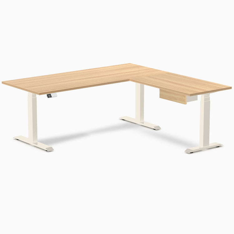 Desky Eco L-Shape Melamine Standing Desk With Drawer, Sublime Teak desktop, Wheat frame