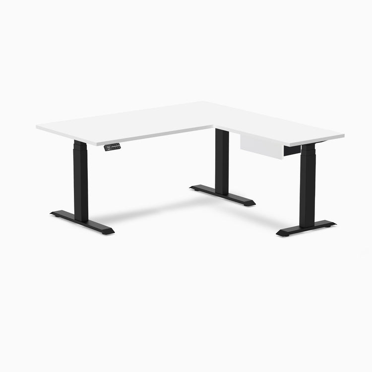 Desky Eco L-Shape Melamine Standing Desk With Drawer, White desktop, Matte Black frame