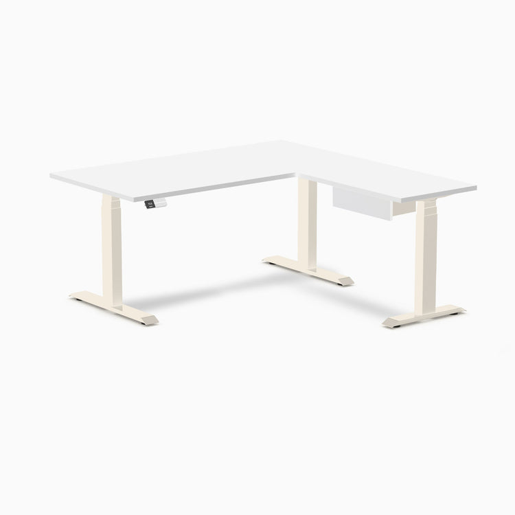 Desky Eco L-Shape Melamine Standing Desk With Drawer, White desktop, Wheat frame