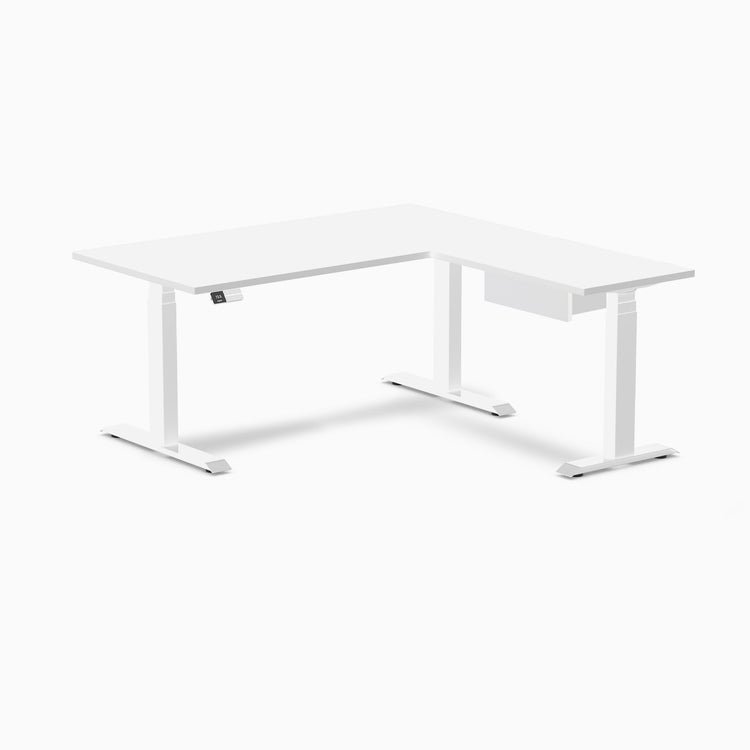 Desky Eco L-Shape Melamine Standing Desk With Drawer, White desktop, White frame