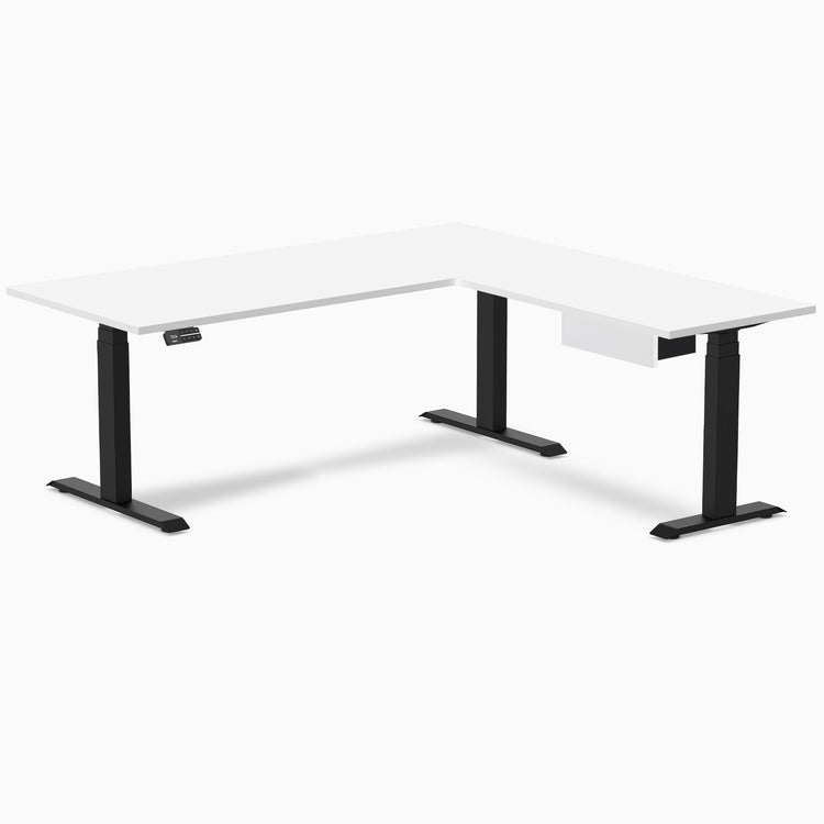 Desky Eco L-Shape Melamine Standing Desk With Drawer, White desktop, Matte Black frame