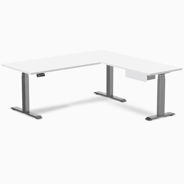 Desky Eco L-Shape Melamine Standing Desk With Drawer, White desktop, Space Grey frame