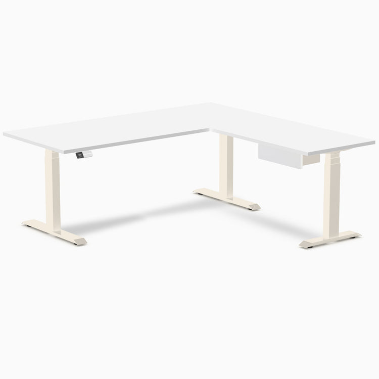 Desky Eco L-Shape Melamine Standing Desk With Drawer, White desktop, Wheat frame