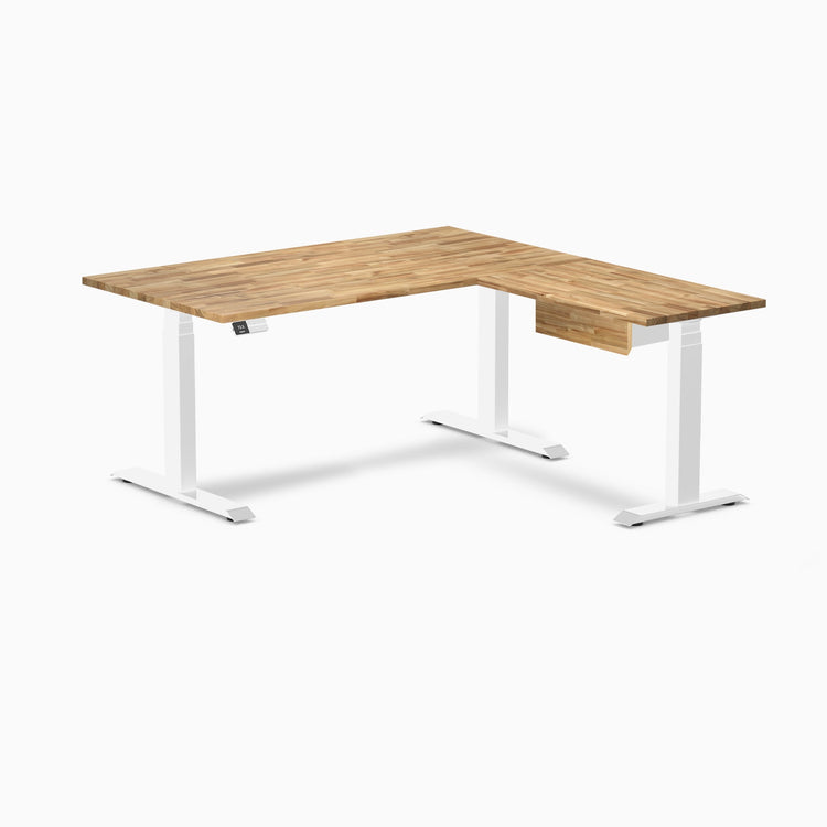 Desky Hardwood L-Shape Standing Desk With Drawer, Teak desktop, White frame