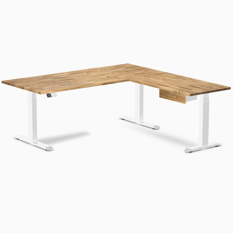 Desky Hardwood L-Shape Standing Desk With Drawer, Acacia desktop, White frame