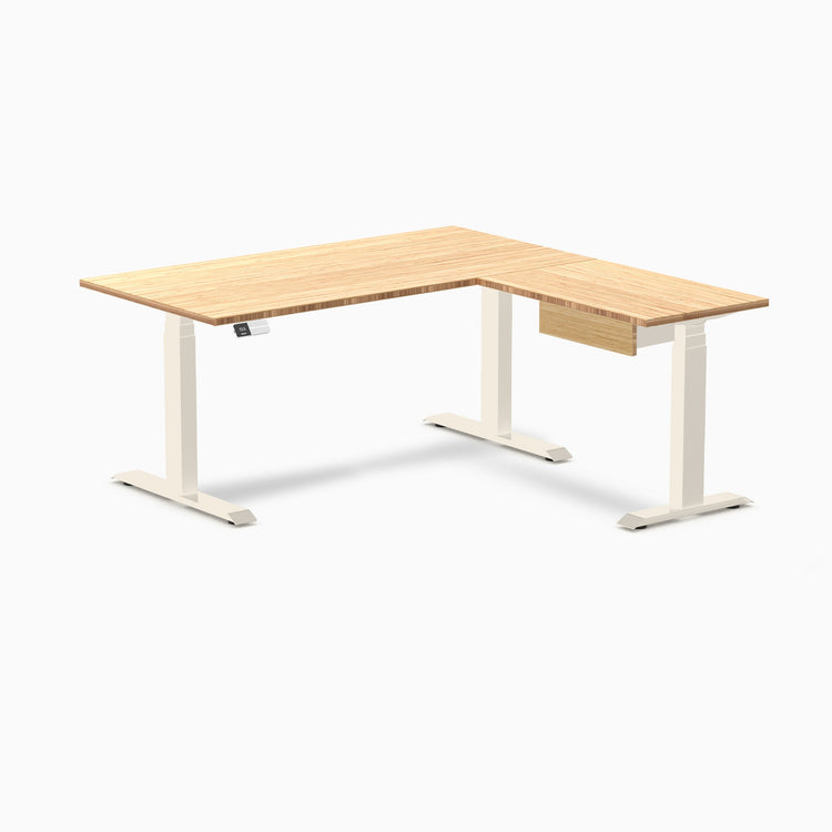 Desky Bamboo L-Shape Standing Desk With Drawer, Bamboo desktop, Wheat frame