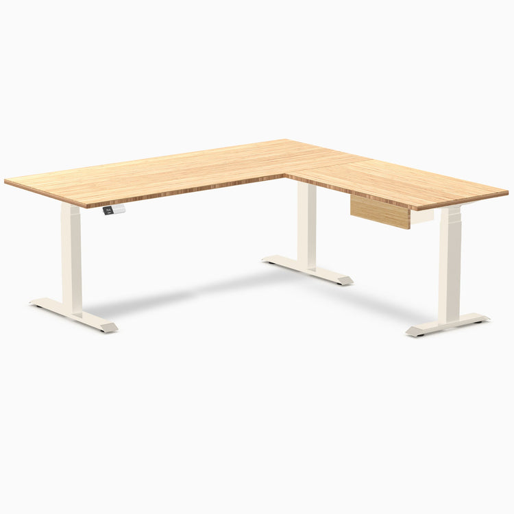 Desky Bamboo L-Shape Standing Desk With Drawer, Bamboo desktop, Wheat frame