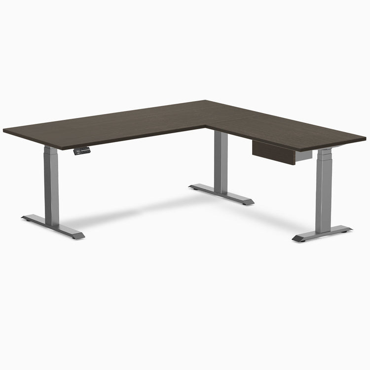 Desky Bamboo L-Shape Standing Desk With Drawer, Dark Bamboo desktop, Space Grey frame