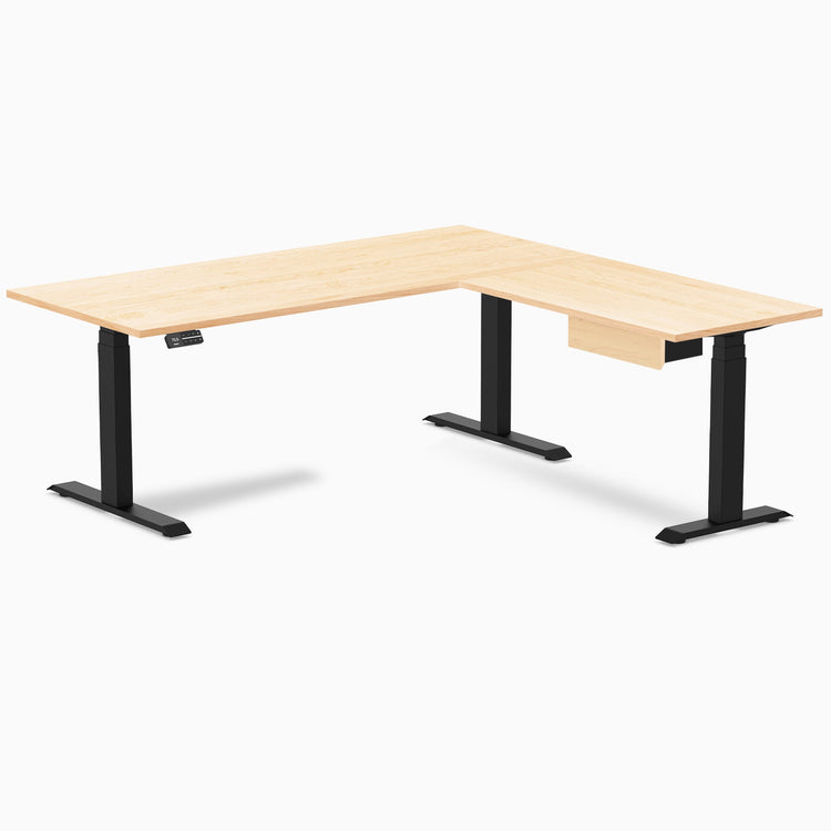 Desky Hardwood L-Shape Standing Desk With Drawer, Maple desktop, Matte Black frame