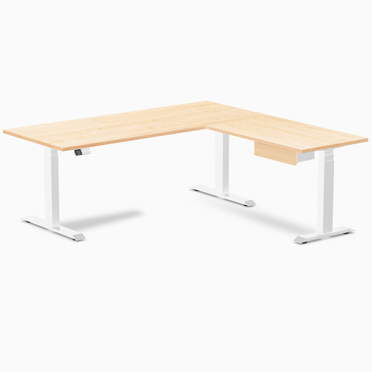 Desky Hardwood L-Shape Standing Desk With Drawer, Maple desktop, White frame