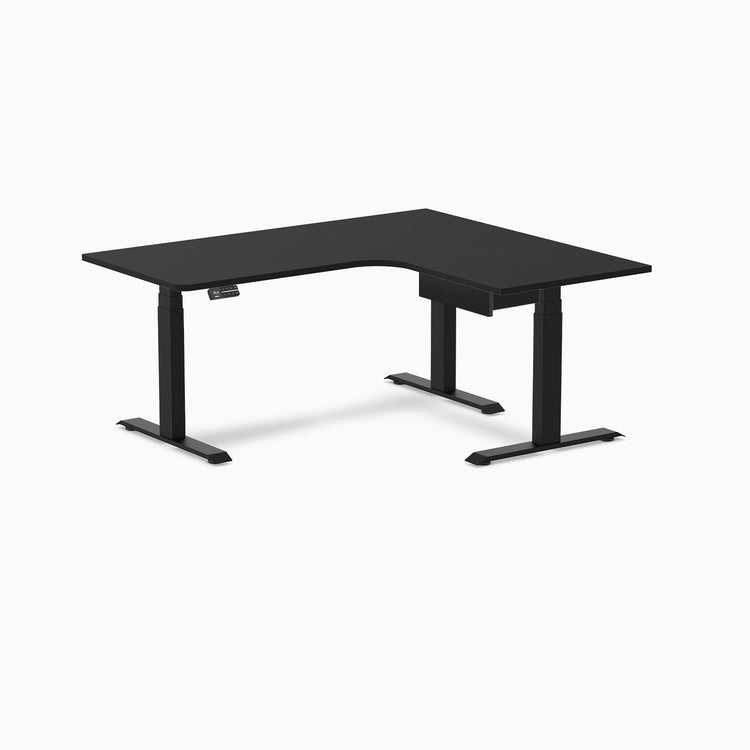 Desky L-Shape Melamine Standing Desk With Drawer, Black desktop, Matte Black frame